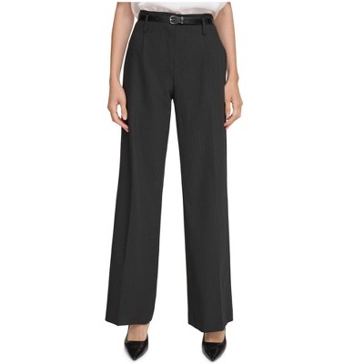 Calvin Klein Womens Pinstripe Wide Leg Belted Trousers Relaxed Casual Pants