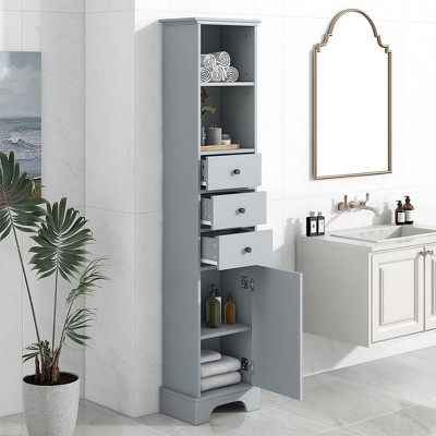 Tall Bathroom Storage Cabinet, Storage Cabinet with 3 Drawers, 2 Open Storage Shelves & 1 Door, Narrow Floor Cabinet for Bathroom, Grey