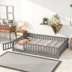 Grey Twin Size Floor Bed with Door and Fence for Kids, Floor Bed with Slats and Safety Guardrails,Solid Wood Twin Bed Frame for Girls Boys - 1 of 4