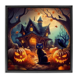 Stupell Industries Haunted House & Black Cat Floating Frame Canvas Art - 1 of 4
