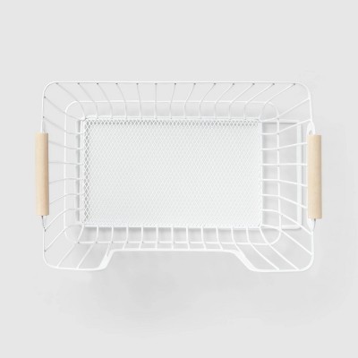 Metal Stackable Wire Pantry Basket with Rubber Wood Handle White - Brightroom™: Kitchen Storage Organizer, 9x13.5