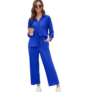 Women Two Piece Casual Outfits Y2K Loungewear Pleated Wide Leg Pants Long Sleeve Button Down Shirt Streetwear Set - 1 of 4