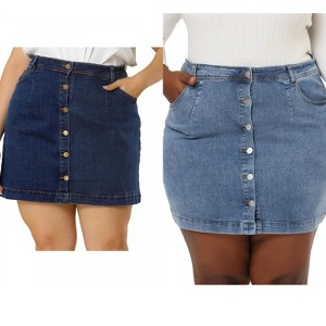 Agnes Orinda Women's Plus Size Button Side Pocket Casual A-Line Mini Denim Skirt - 1 of 4