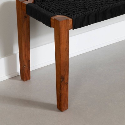 Black and Natural Wood Entryway Bench with Woven Seat