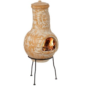 Vintiquewise Outdoor Clay Chiminea Fireplace Sun Design Wood Burning Fire Pit with Sturdy Metal Stand, Barbecue, Cocktail Party, Cozy Nights Fire Pit - 1 of 4