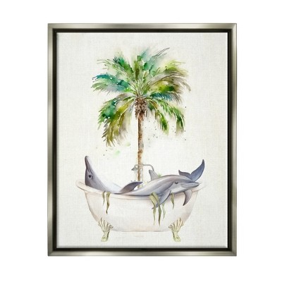 Stupell Industries Tropical Dolphins Bathroom Tub Framed Canvas