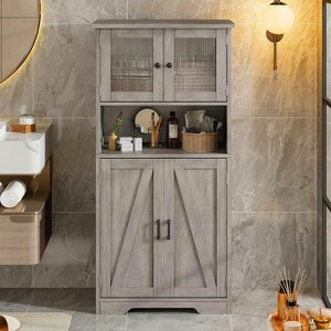 54 Inch Tall Bathroom Storage Cabinet, Freestanding Modern Cupboard with Glass Doors - 1 of 4