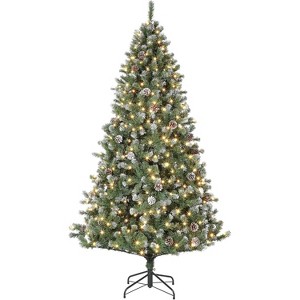 RONSHIN Prelit Pencil Snow Flocked Spruce Christmas Tree, Pre-Decorated with Pine Cones & Foldable Stand, Artificial Xmas Tree in Green-White - 1 of 1