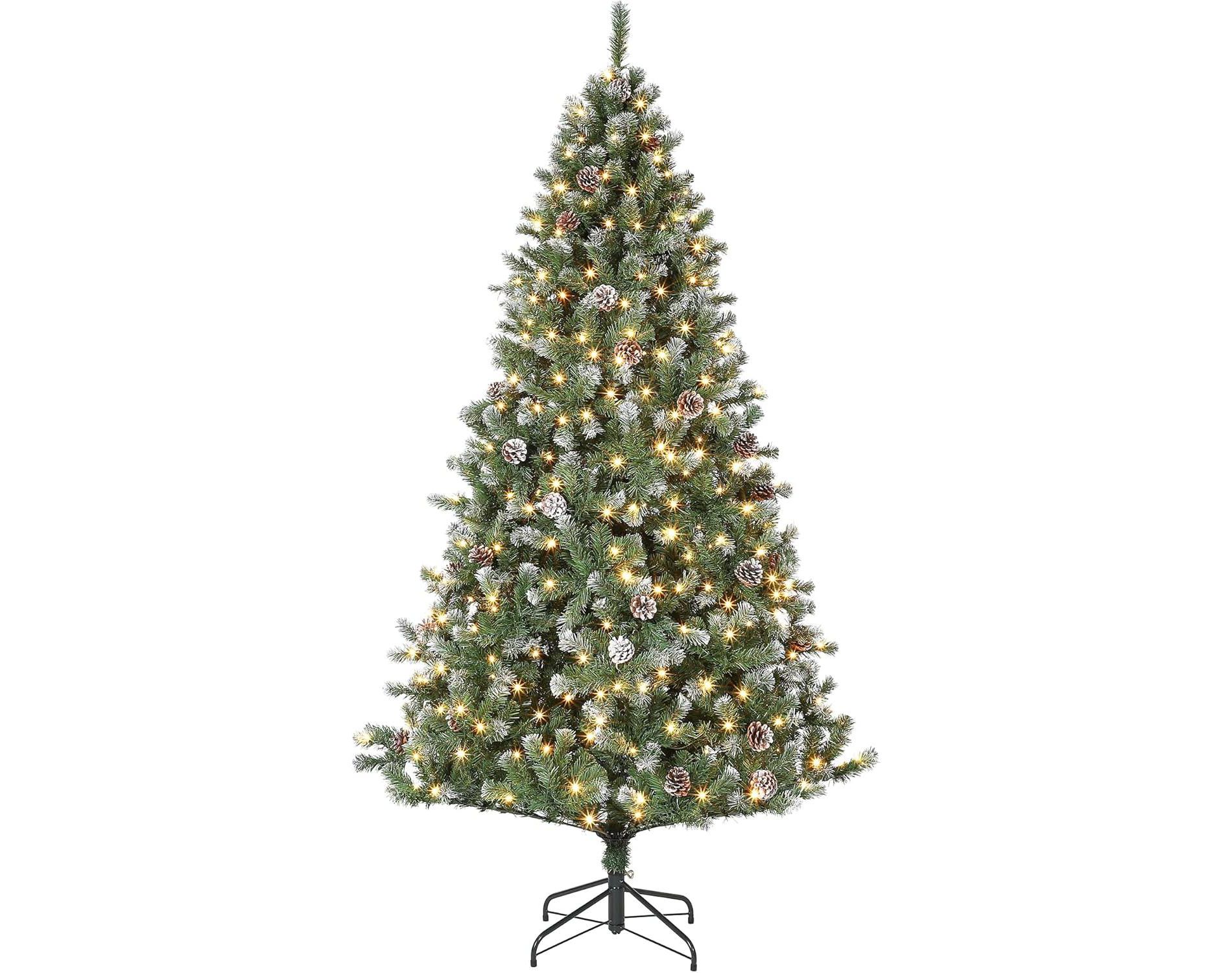 RONSHIN Prelit Pencil Snow Flocked Spruce Christmas Tree, Pre-Decorated with Pine Cones & Foldable Stand, Artificial Xmas Tree in Green-White