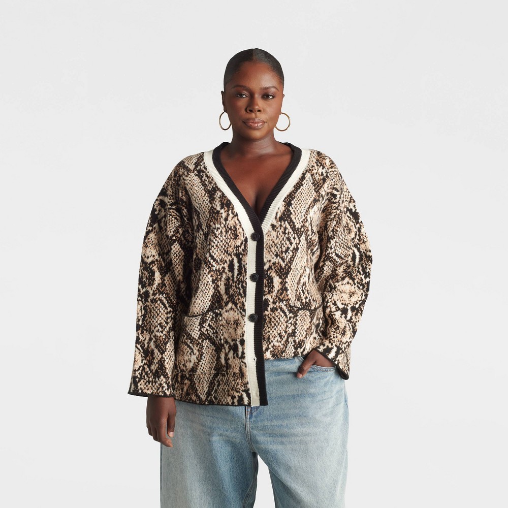 KBB by KAHLANA Women's Snake Print 'The Slouchy Cardigan Sweater' - Brown 4X