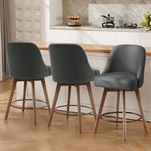 Bekrvio 26" Swivel Bar Stools Set 1/2/3/4 with Solid Wood Legs, 3.15” Linen Upholstered Seat with Back, Mid-Century Bar Chairs for Kitchen Island - 1 of 4