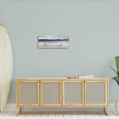Sandpipers Grazing Sea Shore Blue Canvas Wall Art