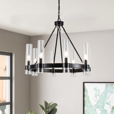 PAKOKULA Farmhouse 8-Light Black Wagon Wheel Chandelier with Clear Glass Shade
