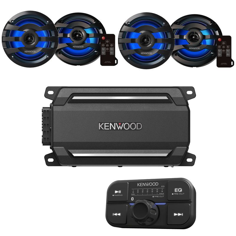 Kenwood KAC-M5024BT 4 Channel Bluetooth, Compact Amplifier with 2 Pairs of KFC-1673MRBL 6.5" 2-way Marine Speaker W/ LED (Black), 1 of 9