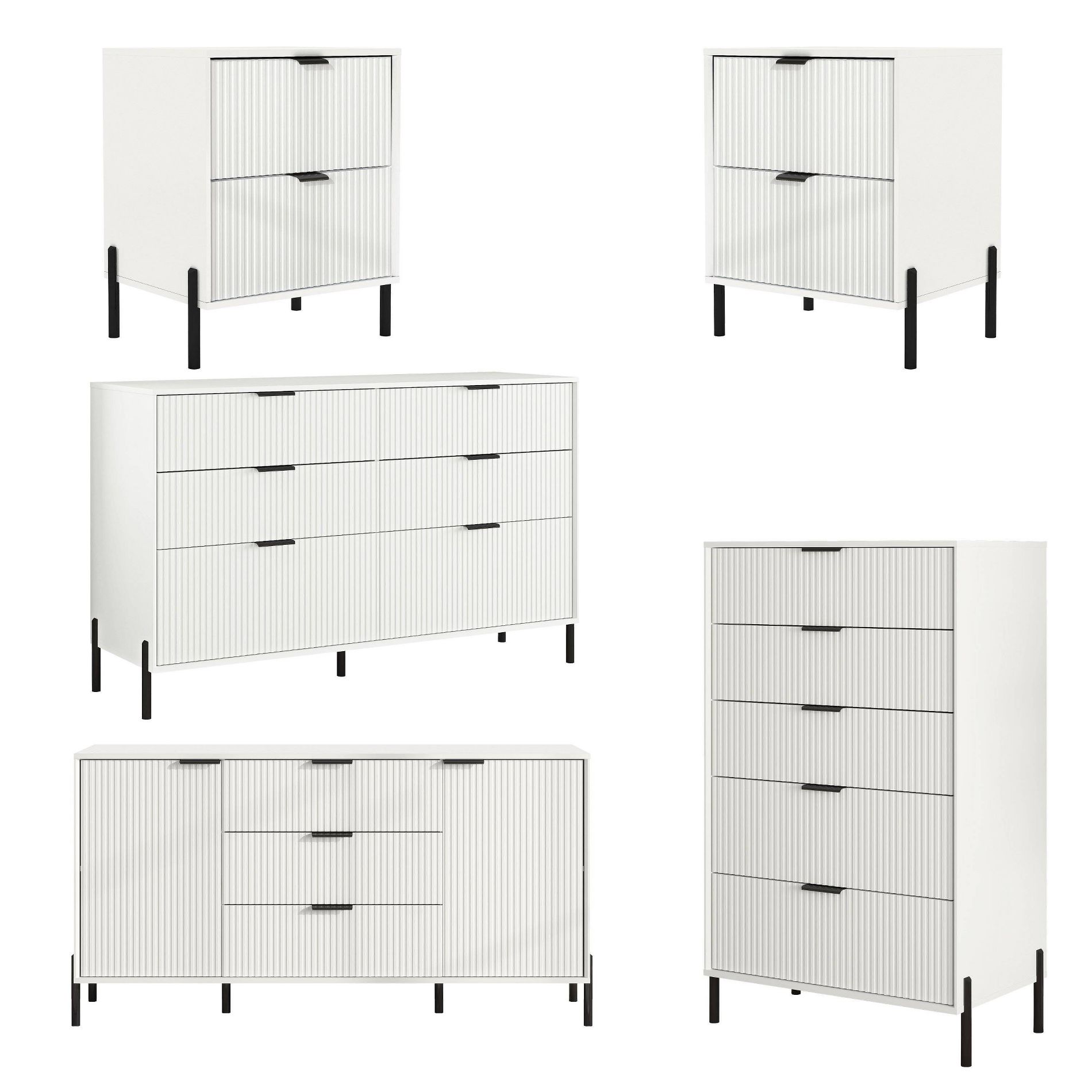 Festivo 5pc Modern Elegance Bedremm Chest and 2 Dressers and 2 Drawer Nightstands Set Off-White