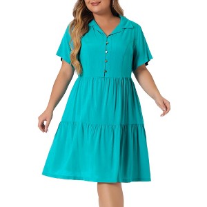 Agnes Orinda Women's Plus Size Chambray Tiered Turndown Neck Half Placket Elastic Back Button Casual Babydoll Midi Dresses - 1 of 4