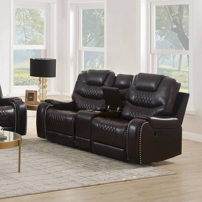 78" Brown Tufted Faux Leather Loveseat with Cup Holders