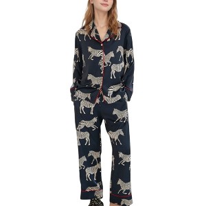 Anna-Kaci Lounge Women's Satin Zebra Print Pajama Set with Long Sleeve Button Up Shirt and Matching Relaxed Fit Pants - 1 of 4