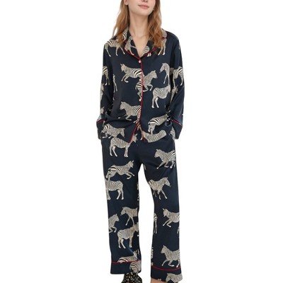Women's Silk-like Pajama Set - Long Sleeve Top & Pants, V-Neck Button-Up Loungewear, 95% Polyester 5% Spandex