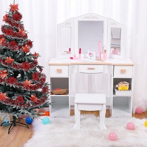 Kids Vanity Set with Mirror and Drawer - Girls' Vanity Table and Chair Set with Wood Makeup Playset, Perfect for 3-9 Yr - 1 of 4