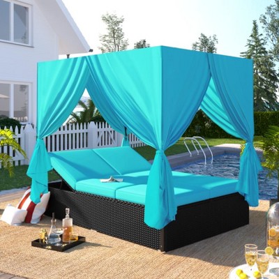 YOOCOZZ Outdoor PE Rattan Rectangle Sunbed & Daybed with Curtains and Adjustable Seats