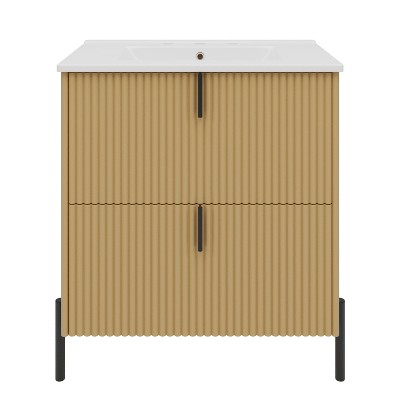 Vynxaria 30 Inch Natural Fluted Bathroom Vanity with Ceramic Sink One Complete Unit Wood Cabinet Two Full Extension Soft Close Drawers Vertical Black