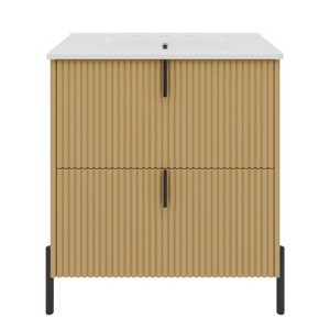Vynxaria 30 Inch Natural Fluted Bathroom Vanity with Ceramic Sink One Complete Unit Wood Cabinet Two Full Extension Soft Close Drawers Vertical Black - 1 of 4
