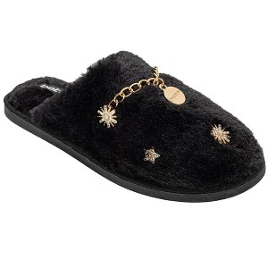 bebe Women’s Slippers - Plush House Slippers with Faux Fur and Gold Chain Accent - 1 of 4