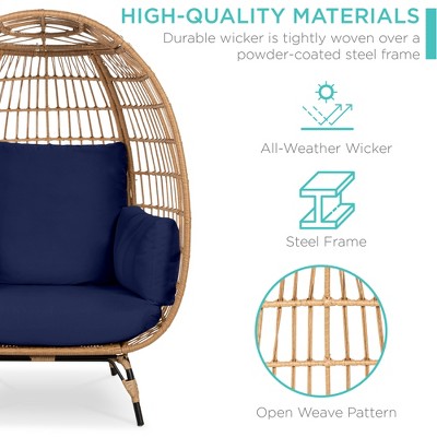 Beige Wicker Egg Chair with Navy Cushions