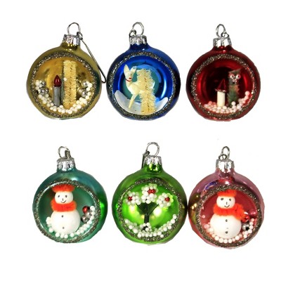 Holiday Ornament 2.25" Diorama  W/ Figure Set / 6 Vinatge Retro Kitsch Glittered  -  Tree Ornaments