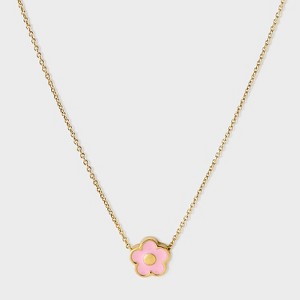 Tiny Tags 14K Gold Ion Plated Pink Enamel Flower Necklace - Gold