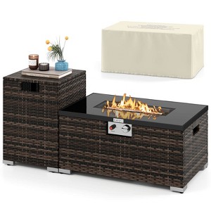 Costway 2 PCS Outdoor Rattan Fire Table Set with Tank Cover Tempered Glass Tabletop Brown/Black/Gray - 1 of 4