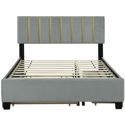 HomeRoots Gray Tufted Velvet Upholstered Queen Bed Frame With Trundle And Drawers