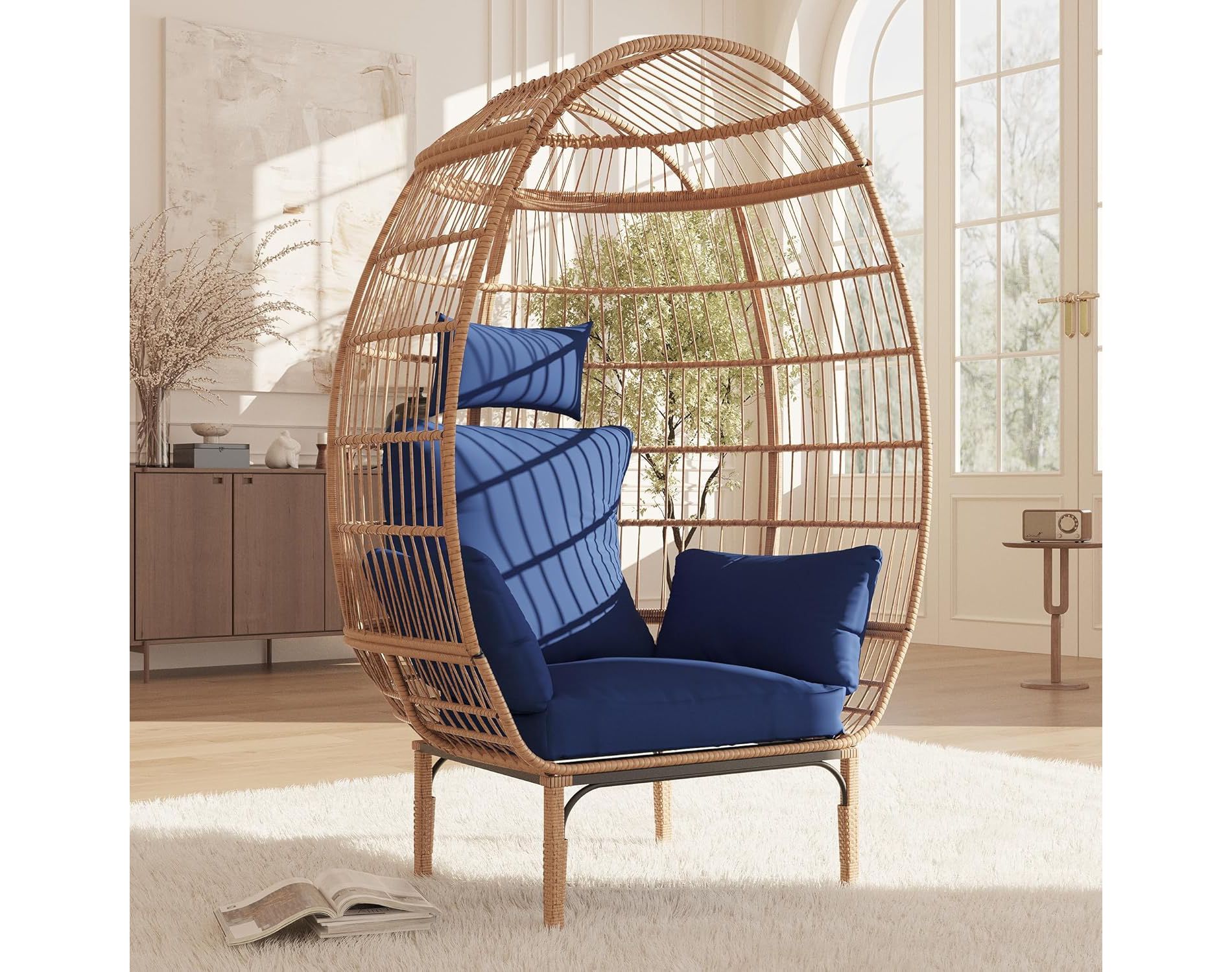 Wicker Egg Chair,Oversized Indoor Outdoor Lounger for Patio,500 Lbs Capacity, for Patio, Backyard, Living Room,Steel Frame
