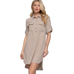 Slickblue Women’s Linen Effect Mini Dress, Roll-Up Sleeves, Straight Style, Black/Sand, Size S–L - 1 of 4