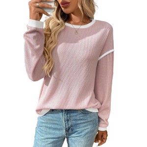 BLUEMING Womens Pullover Sweaters Long Sleeve Crewneck Color Block Crochet Ribbed Knit Sweater Tops - 1 of 4