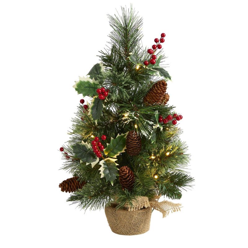 Nearly Natural 18&#34; Pre-Lit LED Mixed Pine Artificial Christmas Tree with Burlap Base Clear Lights, 1 of 9