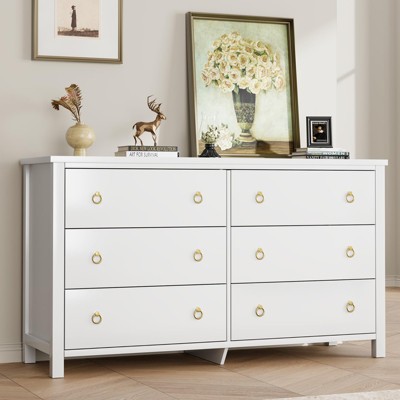 6 Dresser for Bedroom, White Modern Dresser Closet with Vintage Circle Handles, 6 Chest of Drawers Freestanding for Nursery, Living Room, Entryway