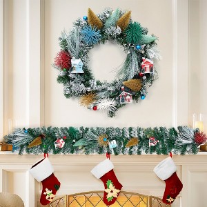 24 Inch Christmas Wreaths for Front Door, Xmas Village Wreath with Tree and Little House Decorations - 1 of 4