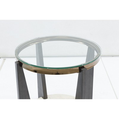 Round Beige and Brown Wood Metal End Table with Glass Top