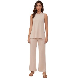 Coolmee Women's 2 Piece Lounge Set Casual Matching Sets Sleeveless Crew Neck Tank Top Long Pants Pajamas Knit Outfits - 1 of 4