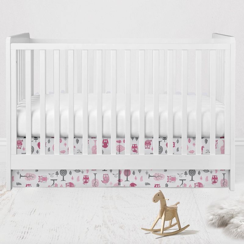 Bacati - Owls Pink/Gray Girls Cotton Crib/Toddler Girls Cotton Crib Skirt, 1 of 4