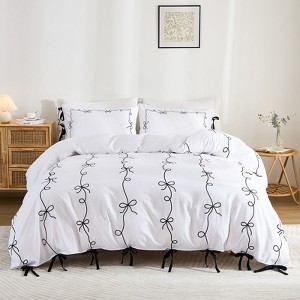 White Bow Tie Duvet Cover Set – Soft Breathable 3-Piece Bedding with Black Tie, Romantic Farmhouse Cottage Style - 1 of 4