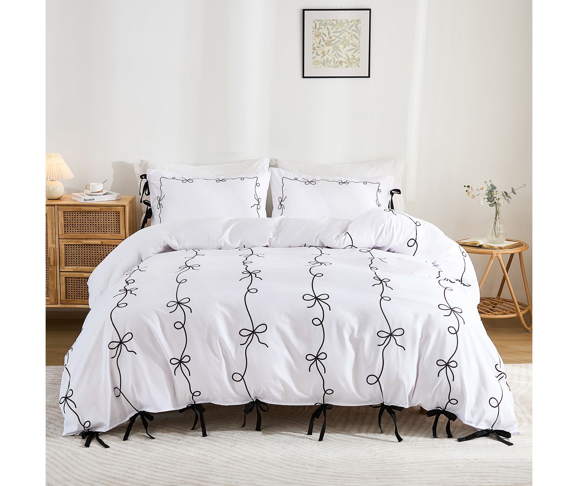 White Bow Tie Duvet Cover Set – Soft Breathable 3-Piece Bedding with Black Tie, Romantic Farmhouse Cottage Style