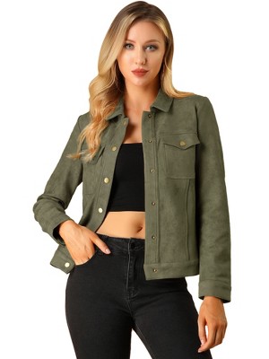 INSPIRE CHIC Women's Turn-Down Collar Flap Pockets Snap Button Faux Suede Jacket