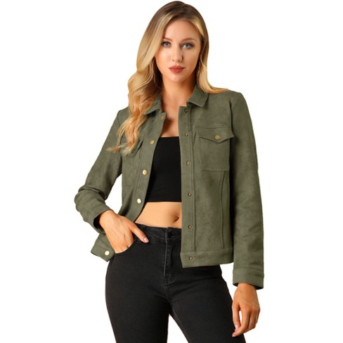 Allegra K Women's Stand Collar Zip Up Faux Suede Cropped Jacket : Target