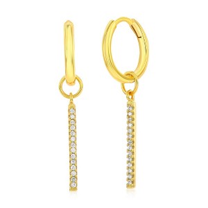 Bella Silver Sterling Silver Vertical Bar CZ Charm Huggie Hoop Earrings - Gold Plated - Gold - 1 of 2