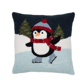 C&F Home 18" x 18" Ice Skating Penguin Wearing Winter Hat and Scarf Hooked Pillow Throw Pillow