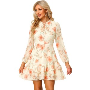 INSPIRE CHIC Women's Summer Floral Layered Tie V-Neck Semi-Sheer Long  Sleeve Mini Dress Large CreamYellow : Target