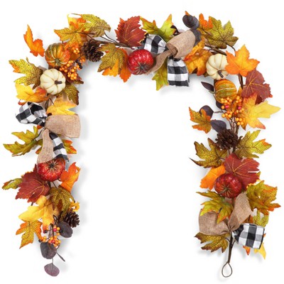 6 Ft Thanksgiving Fall Garland Decor, Artificial Autumn Garlands with Pumpkins, Maple Leaves